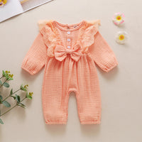 Load image into Gallery viewer, Baby Girls Solid Color Bow Lace Muslin&amp;Ribbed Jumpsuits Wholesale 48466756

