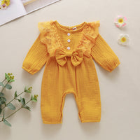 Load image into Gallery viewer, Baby Girls Solid Color Bow Lace Muslin&amp;Ribbed Jumpsuits Wholesale 48466756
