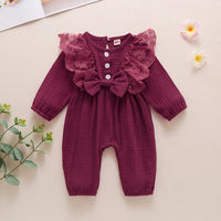 Load image into Gallery viewer, Baby Girls Solid Color Bow Lace Muslin&amp;Ribbed Jumpsuits Wholesale 48466756
