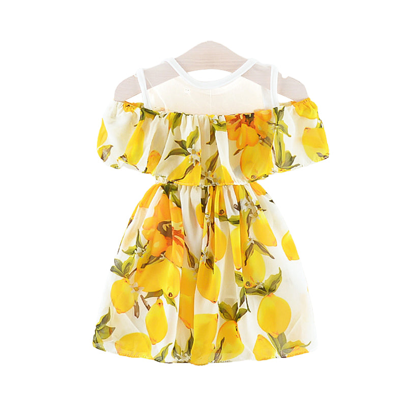 Baby Girl Lemon Print Off Shoulder Mesh Chiffon Dress Wholesale 85521745