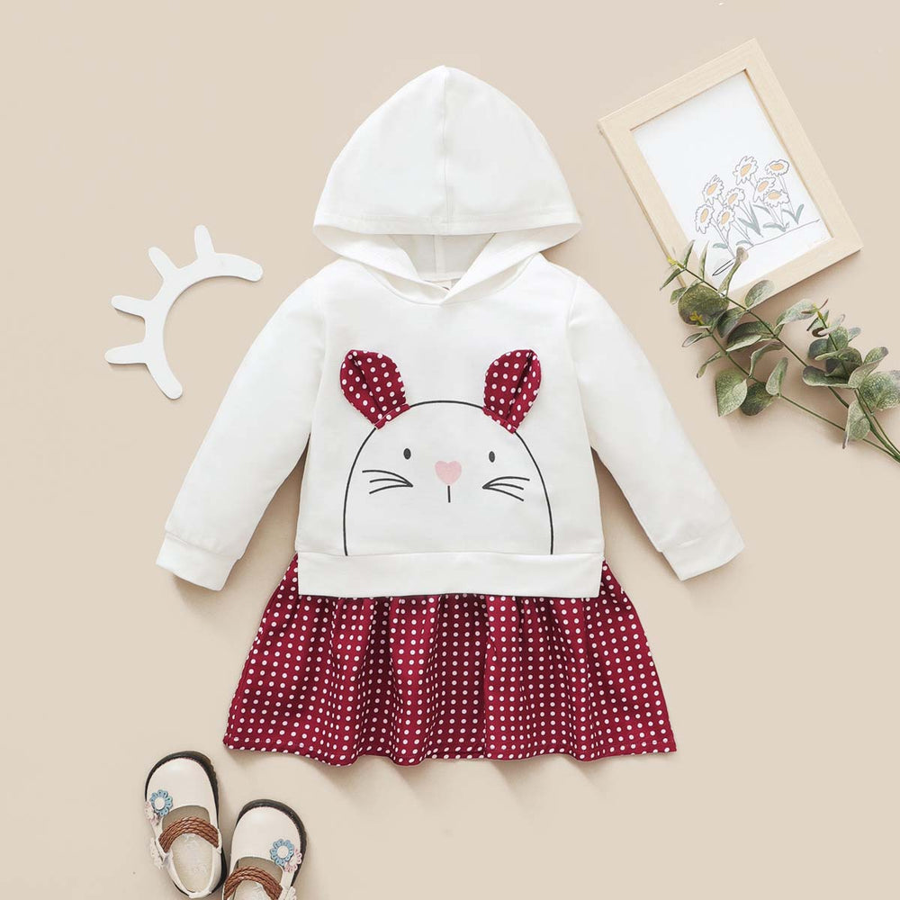 Baby Girl Polka Dots Rabbit Hooded Swearshirt Dress Wholesale 20164396