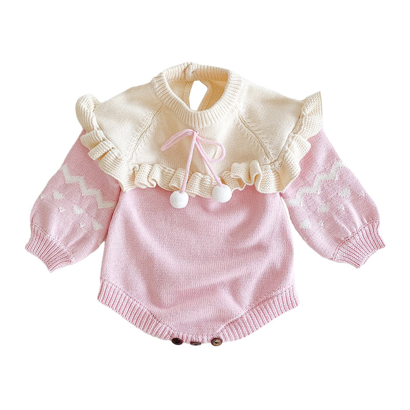 Baby Girl Pom Pom Ruffle Decor Knit Bodysuit Wholesale 87635183