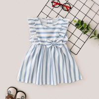 Load image into Gallery viewer, Baby Girl Stripe Bowknot Ruffle Trim Dress Wholesale 92462782
