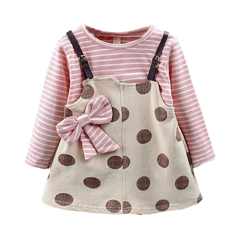 Baby Girl Striped Polka Dot Print Fake Two Piece Dress  Wholesale 69603372