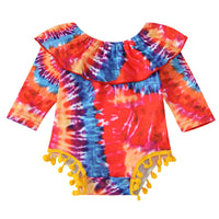 Load image into Gallery viewer, Baby Girl Tie Dye Pom Pom Ruffle Collar Long Sleeve Bodysuit Wholesale 69804606
