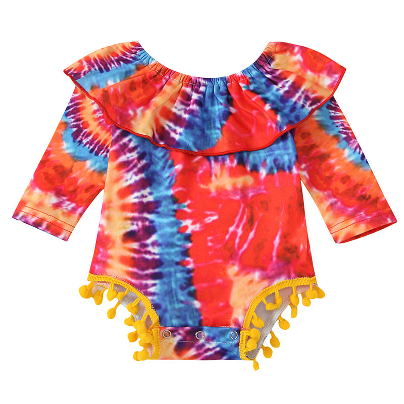 Baby Girl Tie Dye Pom Pom Ruffle Collar Long Sleeve Bodysuit Wholesale 69804606