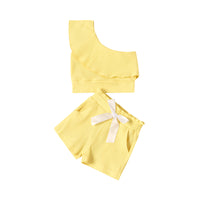Load image into Gallery viewer, Baby Toddler Girl Solid Color Outfit One Shoulder Ribbed Top And Shorts Wholesale 80222450
