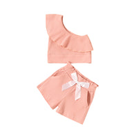 Load image into Gallery viewer, Baby Toddler Girl Solid Color Outfit One Shoulder Ribbed Top And Shorts Wholesale 80222450
