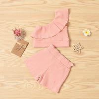 Load image into Gallery viewer, Baby Toddler Girl Solid Color Outfit One Shoulder Ribbed Top And Shorts Wholesale 80222450
