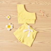 Load image into Gallery viewer, Baby Toddler Girl Solid Color Outfit One Shoulder Ribbed Top And Shorts Wholesale 80222450
