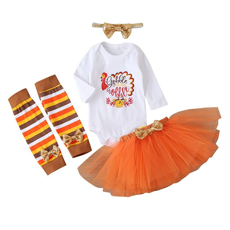 4 Pieces Set Baby Girls Halloween Letters Flower Print Rompers Solid Color Bow Skirts Striped Love heart Socks And Headwear Wholesale 67066518
