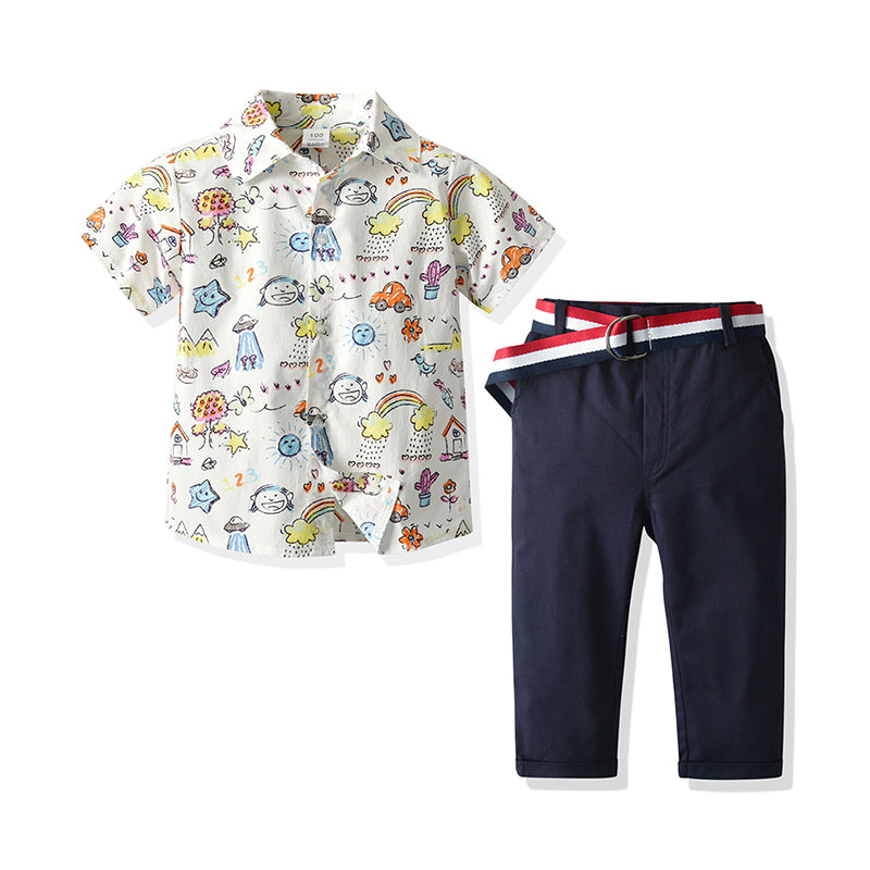 2 Pieces Set Baby Kid Boys Animals Cartoon Plant Print Shirts And Solid Color Pants Wholesale 68357294