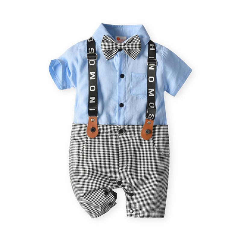 Fake Two Piece Baby Hit Color Check Gentleman Suspender Bowtie Romper Wholesale 45972319