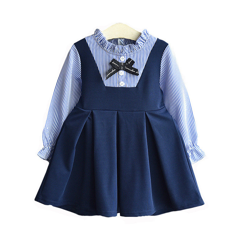 Fake Two Pieces Kid Girl Stripe Bowknot Dress Wholesale 10135965