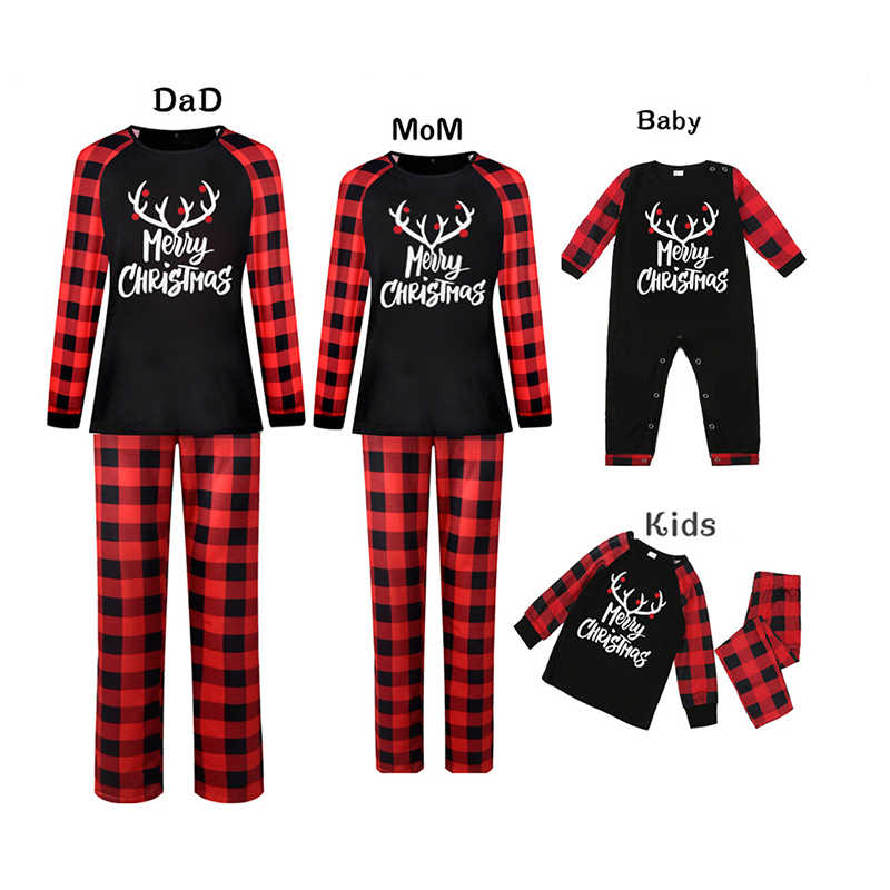 2 Pieces Set Family Outfits Baby Kid Christmas Letters Color-blocking Print Tops And Checked Pants Jumpsuits Sleepwears Wholesale 37866859