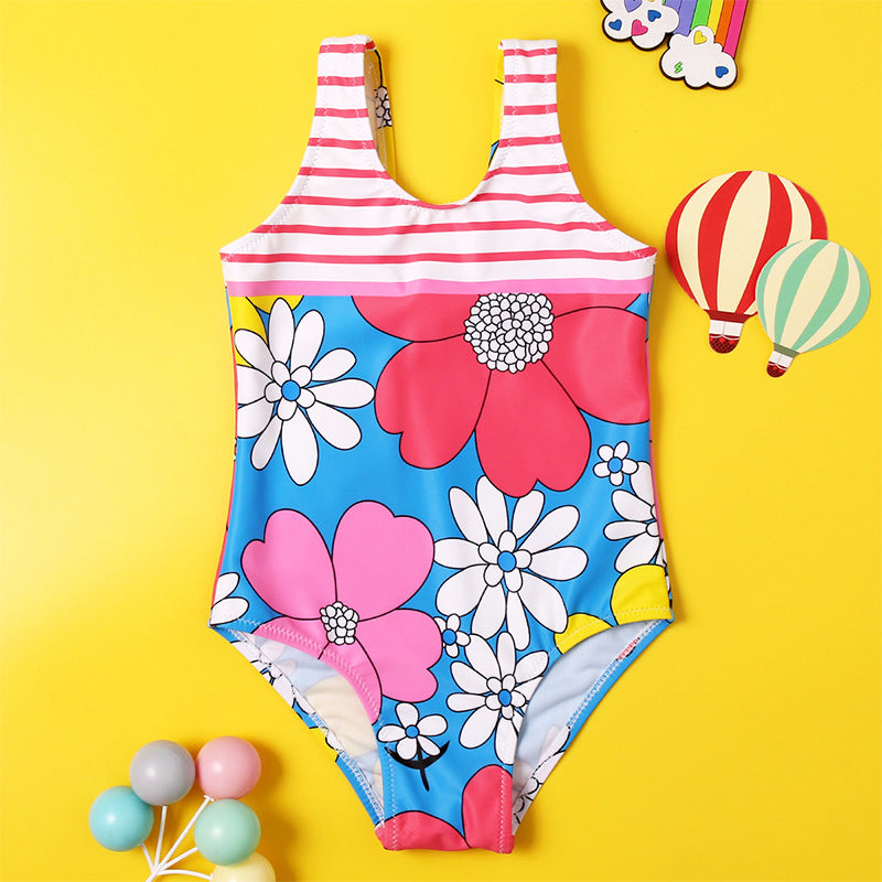 Girl Stripe Flower Pattern One-Piece Tank Swimsuit Wholesale 46502414