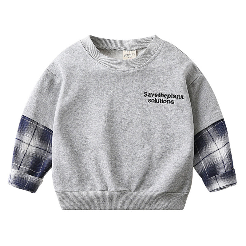 Kid Boy Fake Two Pieces Plaid Sleeve Sweatshirt Wholesale 61263143