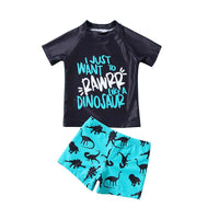 Load image into Gallery viewer, Kid Boy Swimsuit I Just Want to Rawrr Like a Dinosaur Top With Shorts Set Wholesale 04352460
