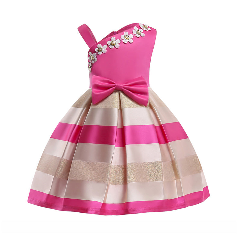Kid Girl Bow Stripe One Shoulder Flower Party Dress Wholesale 49483114