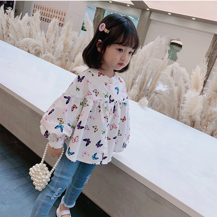 Kid Girl Butterfly Print Round Neck Blouse Wholesale 29387157