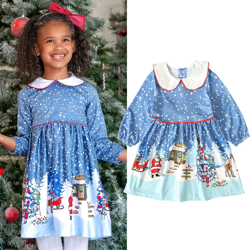 Kid Girl Christamas Printed Peter Pan Collar Dress Wholesale 33143359