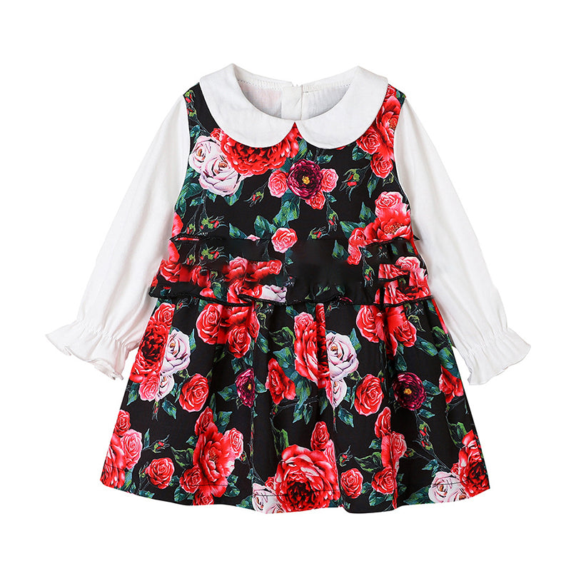 Kid Girl Contrast Collar Floral Dress Wholesale 26264589