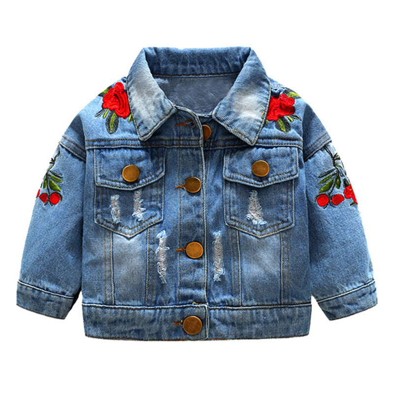 Kid Girl Embroidery Flowers Ripped Denim Jacket Wholesale 95115273
