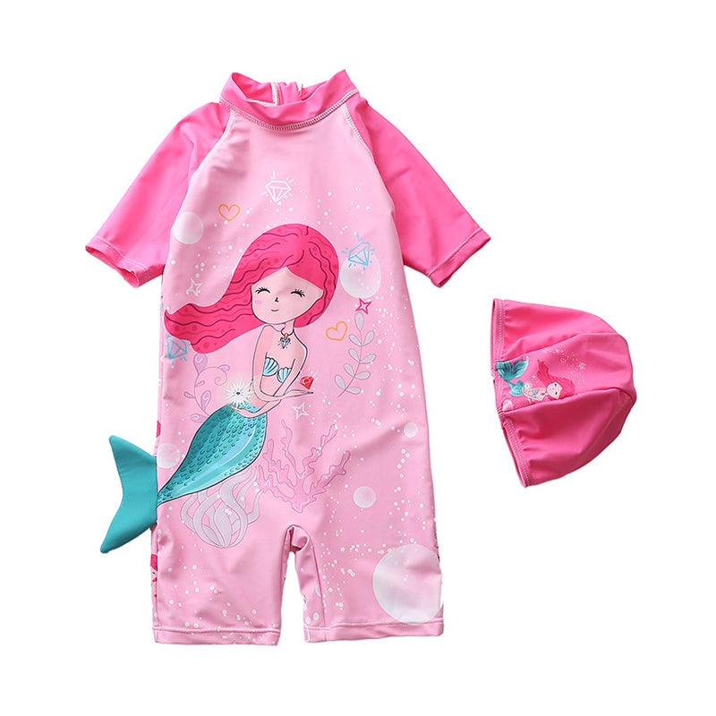Kid Girl Fish Print Swimwear And Hat Wholesale 77522842