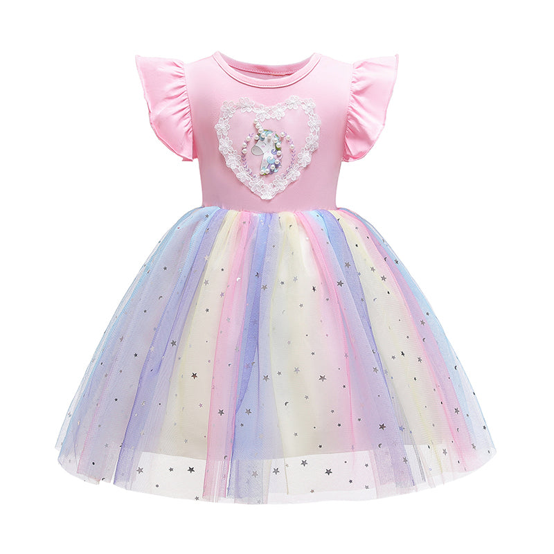 Kid Girl Flutter Sleeve Colorful Mesh Love Unicorn Princess Dress Wholesale 90383101