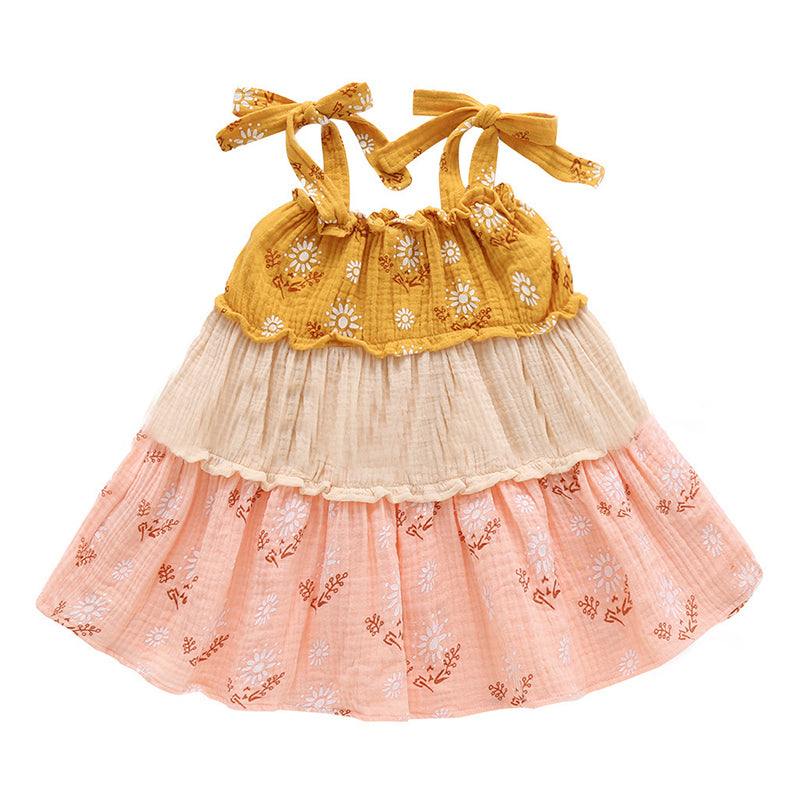 Kid Girl Muslon Colorblock Daisy Flower Cami Dress Wholesale 00143466