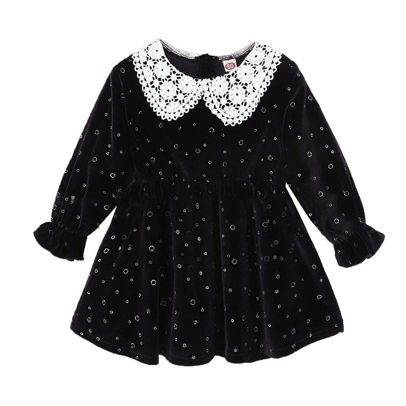 Kid Girl Print Hollow Out Collar Polka Dots Velvet Dress Wholesale 06364457