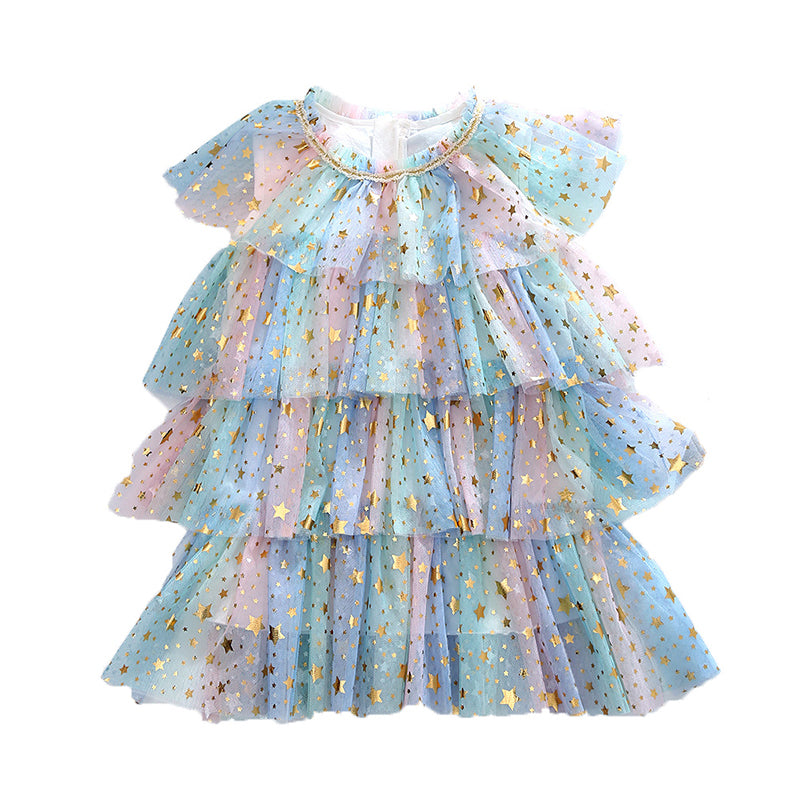 Kid Girl Rainbow Star Tiered Layered Mesh Princess Dress Wholesale 09633100
