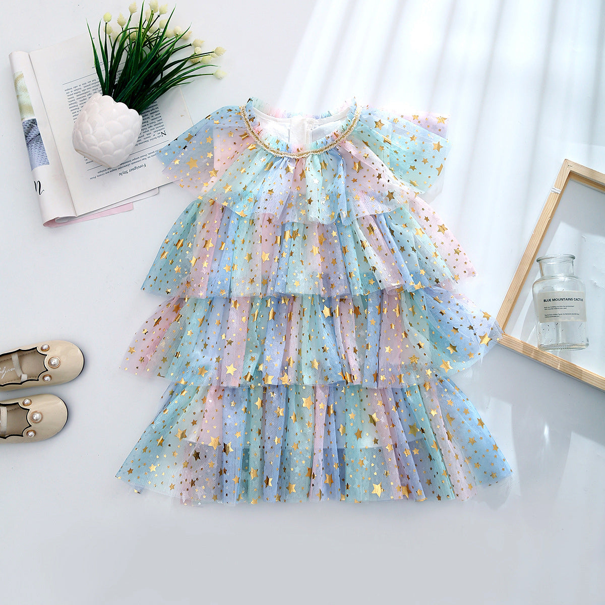 Kid Girl Rainbow Star Tiered Layered Mesh Princess Dress Wholesale 09633100