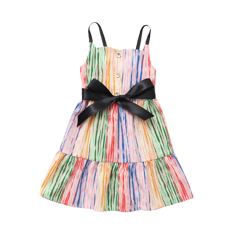 Kid Girl Rainbow Stripe Self Tie Sling Dress Wholesale 42832018