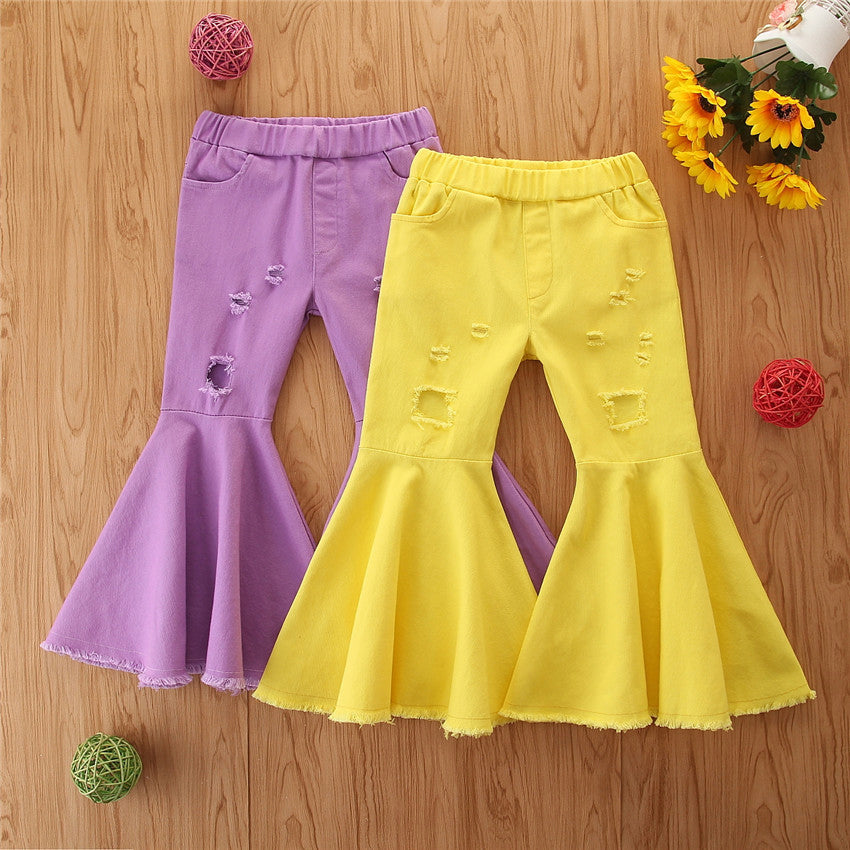 Kid Girl Ripped Plain Flared Denim Pants Wholesale 67086906