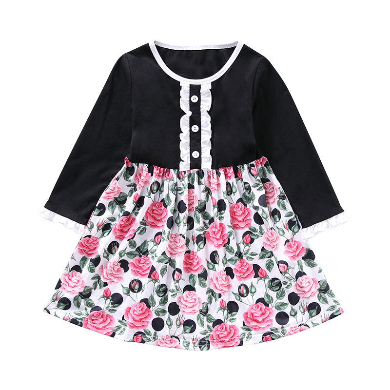 Kid Girl Ruffle Trim Rose Print Dress Wholesale 47385494