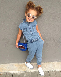 Load image into Gallery viewer, Kid Girl Single Breasted Denim Jumpsuit Wholesale 14892000
