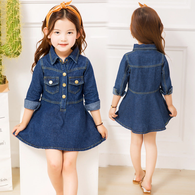 Kid Girl Turn Down Collar Denim Dress Wholesale 18103178