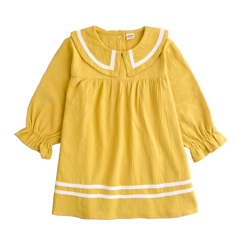 Kid Girl Turndown Collar Yellow Dress Wholesale 93517156