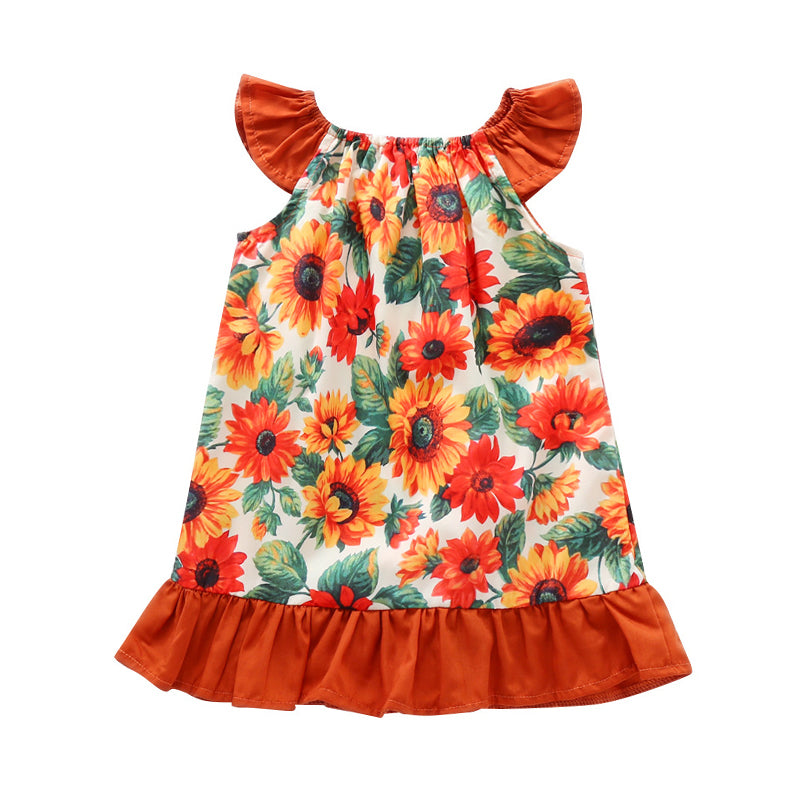 Little Girl Ruffled Hem Sunflower Graphic Dress Wholesale 93062463