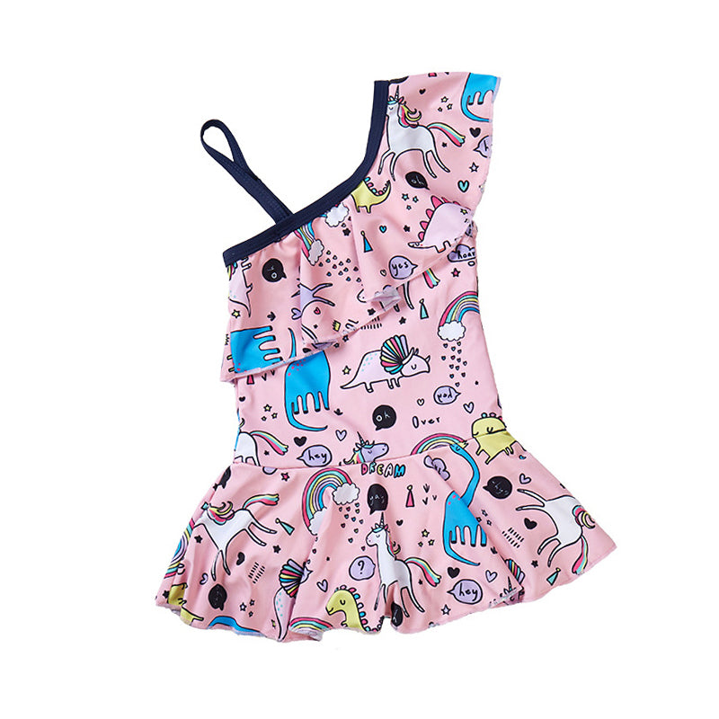 Little Girl Unicorn Print Off Shoulder Swimsuit Dress Wholesale 71292861