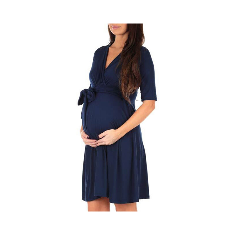 Maternity V Neck Plain Belted Dress Wholesale 89655209