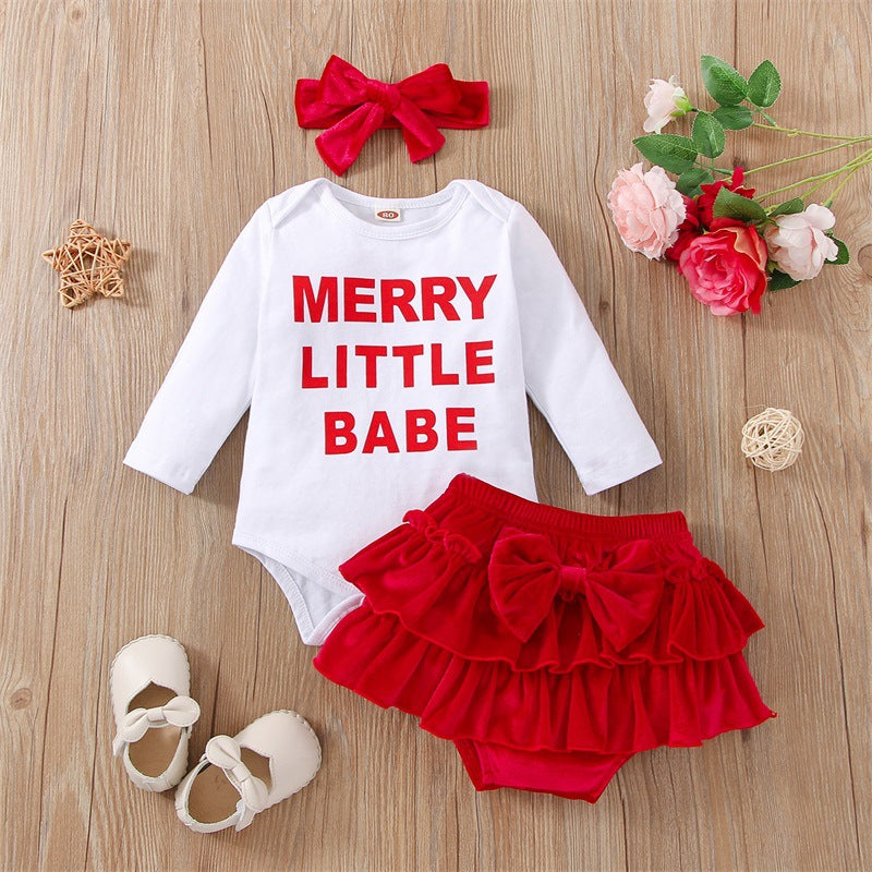 2 Pieces Set Baby Girls Christmas Letters Rompers Solid Color And Bow Shorts Wholesale 230105548