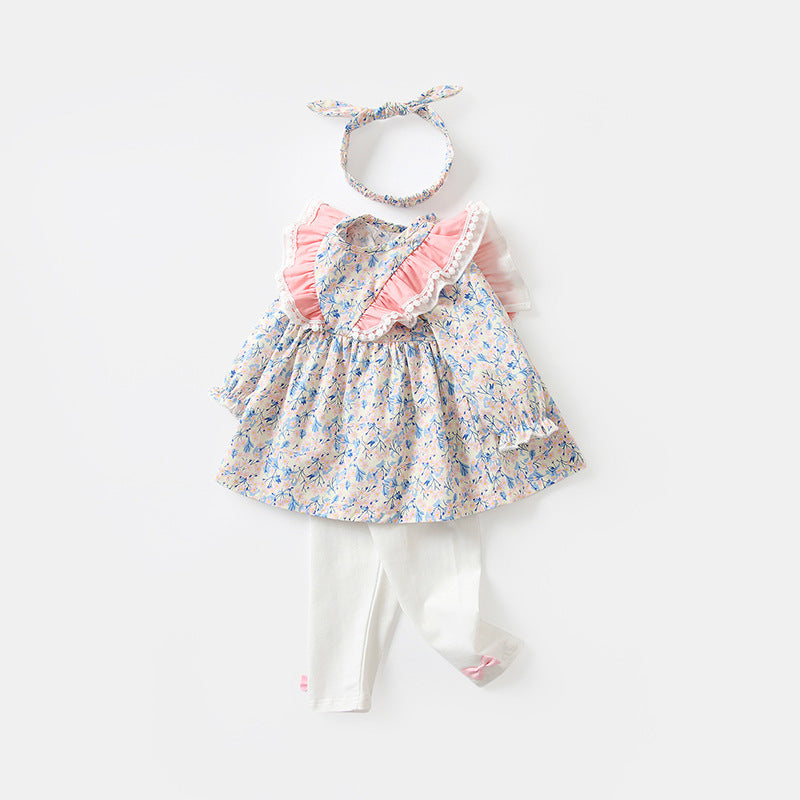 3 Pieces Set Baby Kid Girls Flower Print Tops And Solid Color Bow Pants And Headwear Wholesale 230213498