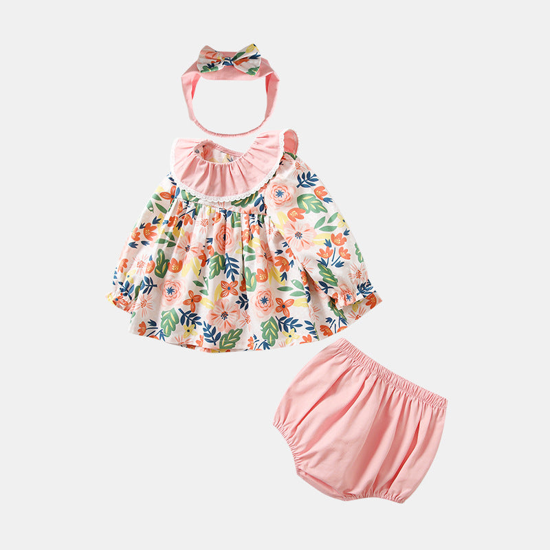 3 Pieces Set Baby Kid Girls Flower Print Tops And Solid Color Shorts And Bow Headwear Wholesale 230213499