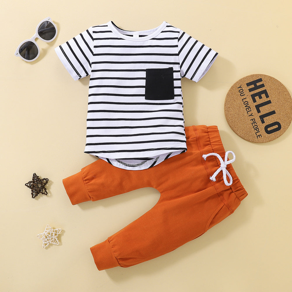 2 Pieces Set Baby Kid Boys Striped Tops And Solid Color Ribbon Pants Wholesale 230105317