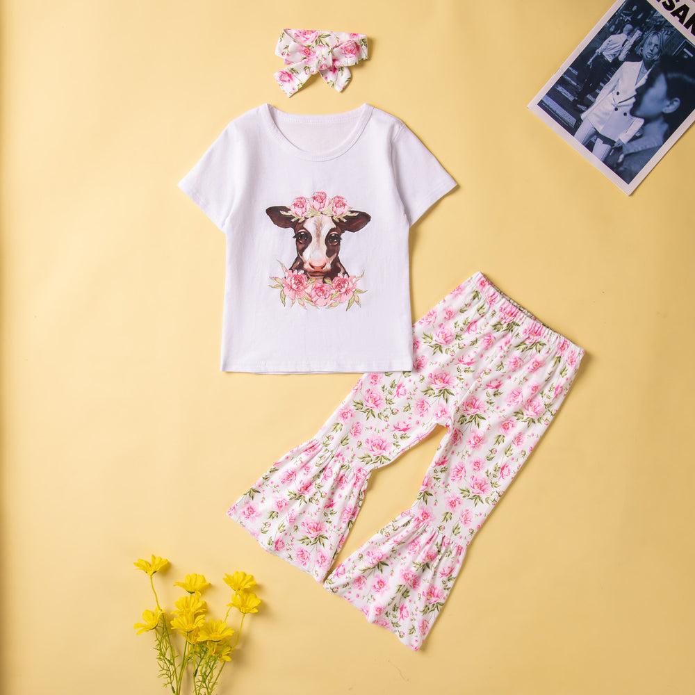 3 Pieces Set Baby Kid Girls Animals Print T-Shirts Flower Pants And Headwear Wholesale 230213342