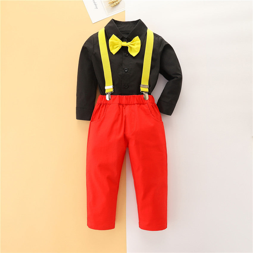2 Pieces Set Baby Kid Boys Birthday Party Solid Color Bow Shirts And Jumpsuits Wholesale 230213151