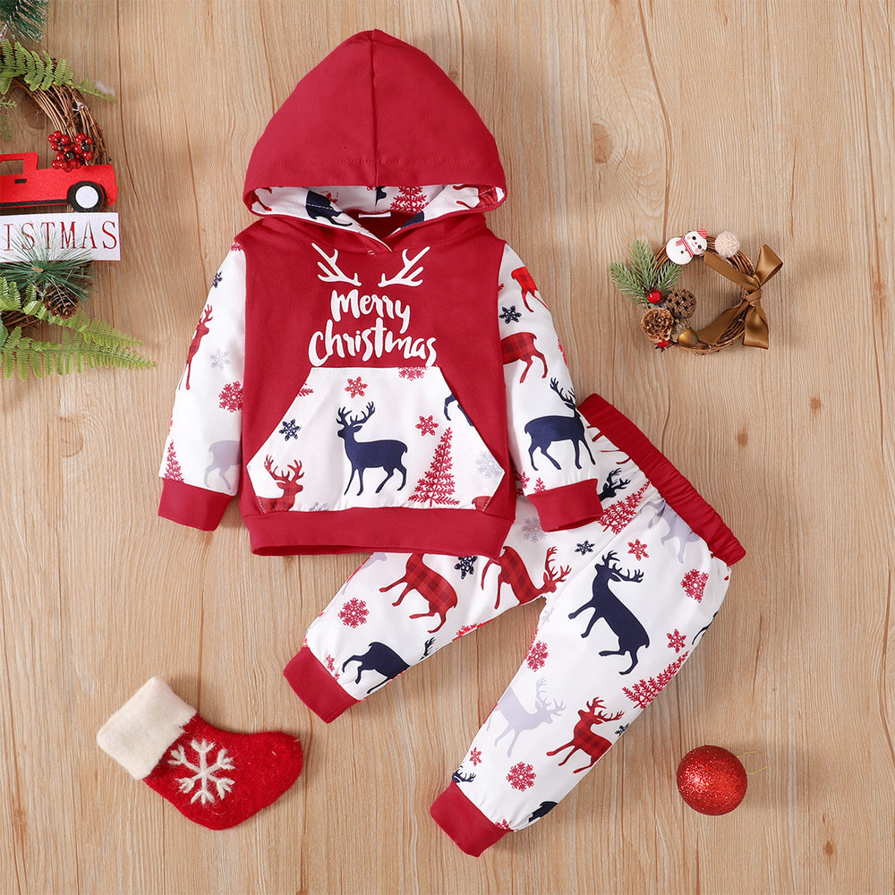 2 Pieces Set Baby Unisex Christmas Letters Color-blocking Animals Print Hoodies Swearshirts And Pants Wholesale 230103457