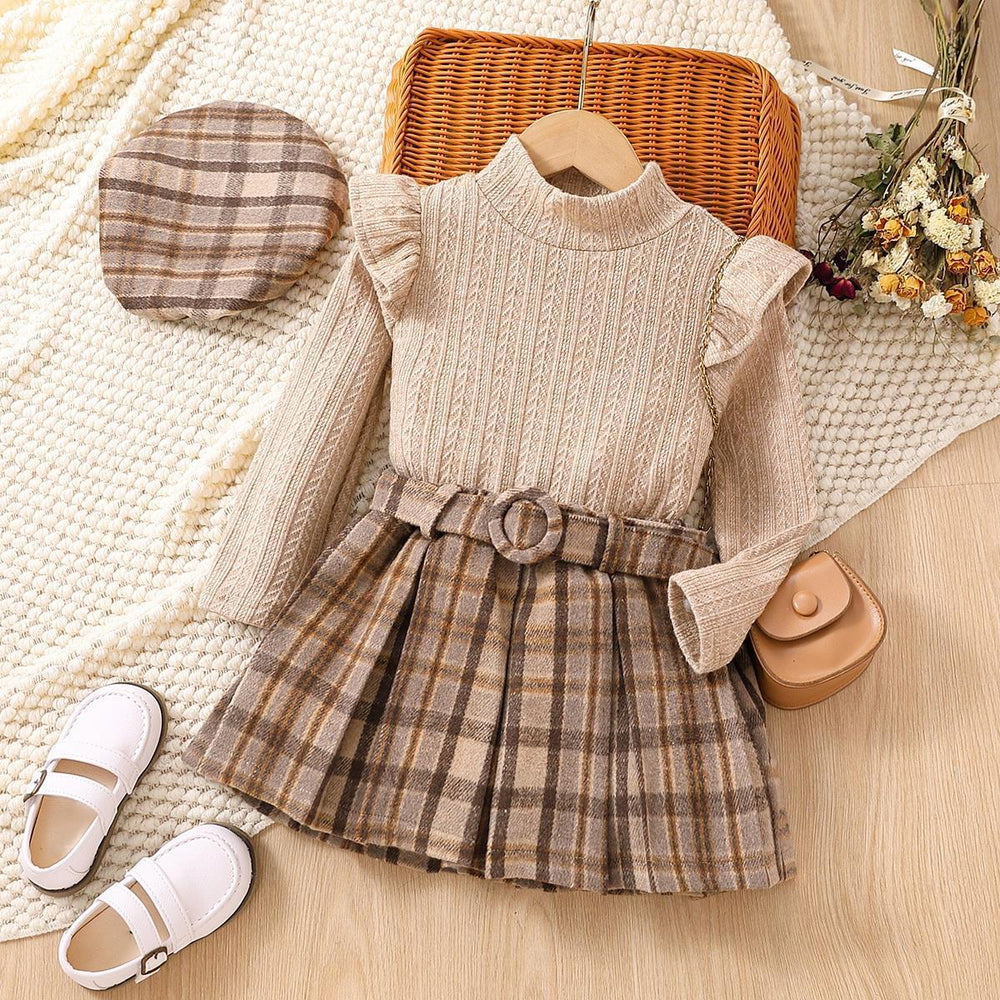 3 Pieces Set Baby Kid Girls Solid Color Tops Checked Skirts And Hats Wholesale 230103297